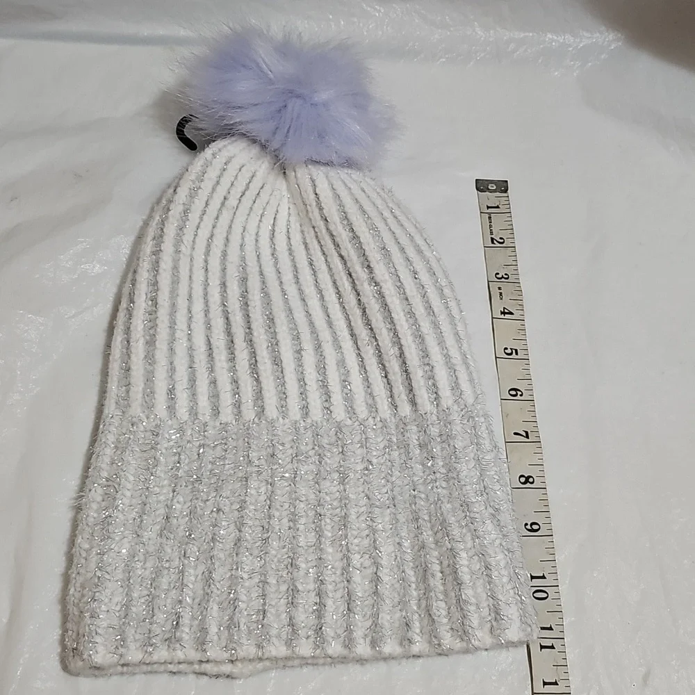 Old Navy Girl L-XL White Ribbed Beanie w/Metallic Silver Detail, Purple Pom New